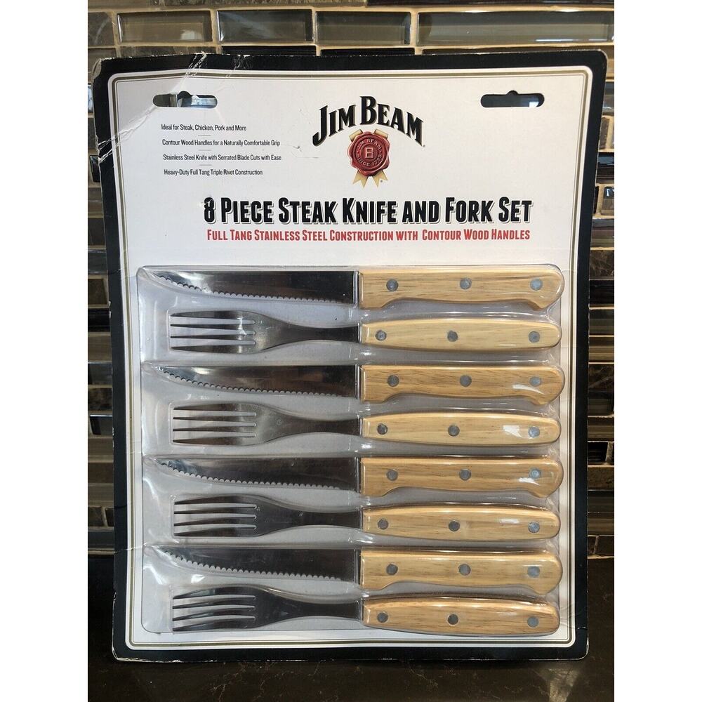 8 Pc Chicken, Pork and More Steak Knives and Forks Stainless Steel Wood‎ Handles